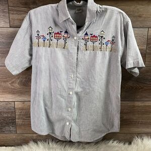 Maggie & Max Button Up Embroidered Bird House Blouse Size Small Cottagecore